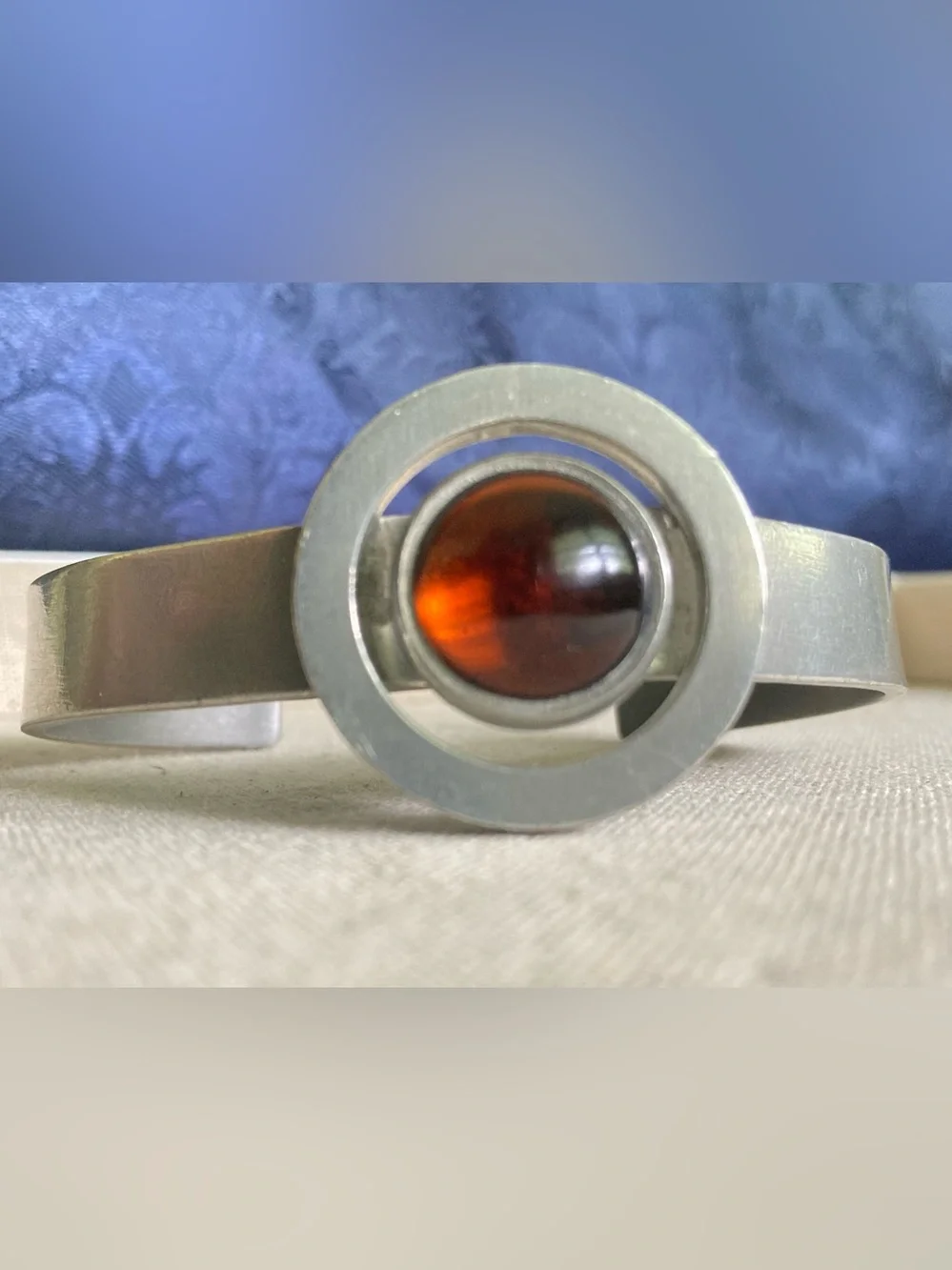 Jorgen Jensen Vintage Mid Century pewter cuff bracelet Amber Glass Center Stone